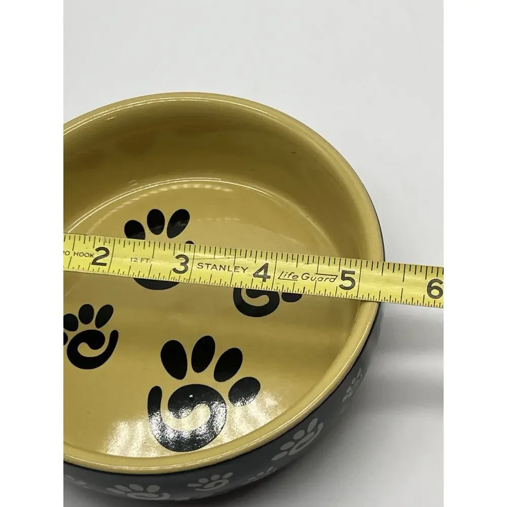Small Ceramic Pet Cat Bowl 5” Dia Yellow & Black Feeder Water